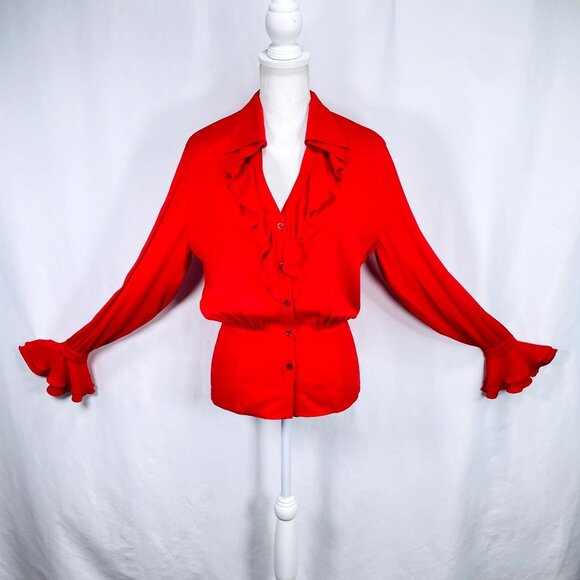 Vintage ESCADA Womens Silk Red Spanish ruffle Flare Long Sleeve Blouse 34 / S - Picture 8 of 16